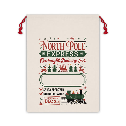 North Pole Express Gift Bag — Christmas Santa Overnight Delivery Drawstring Bag